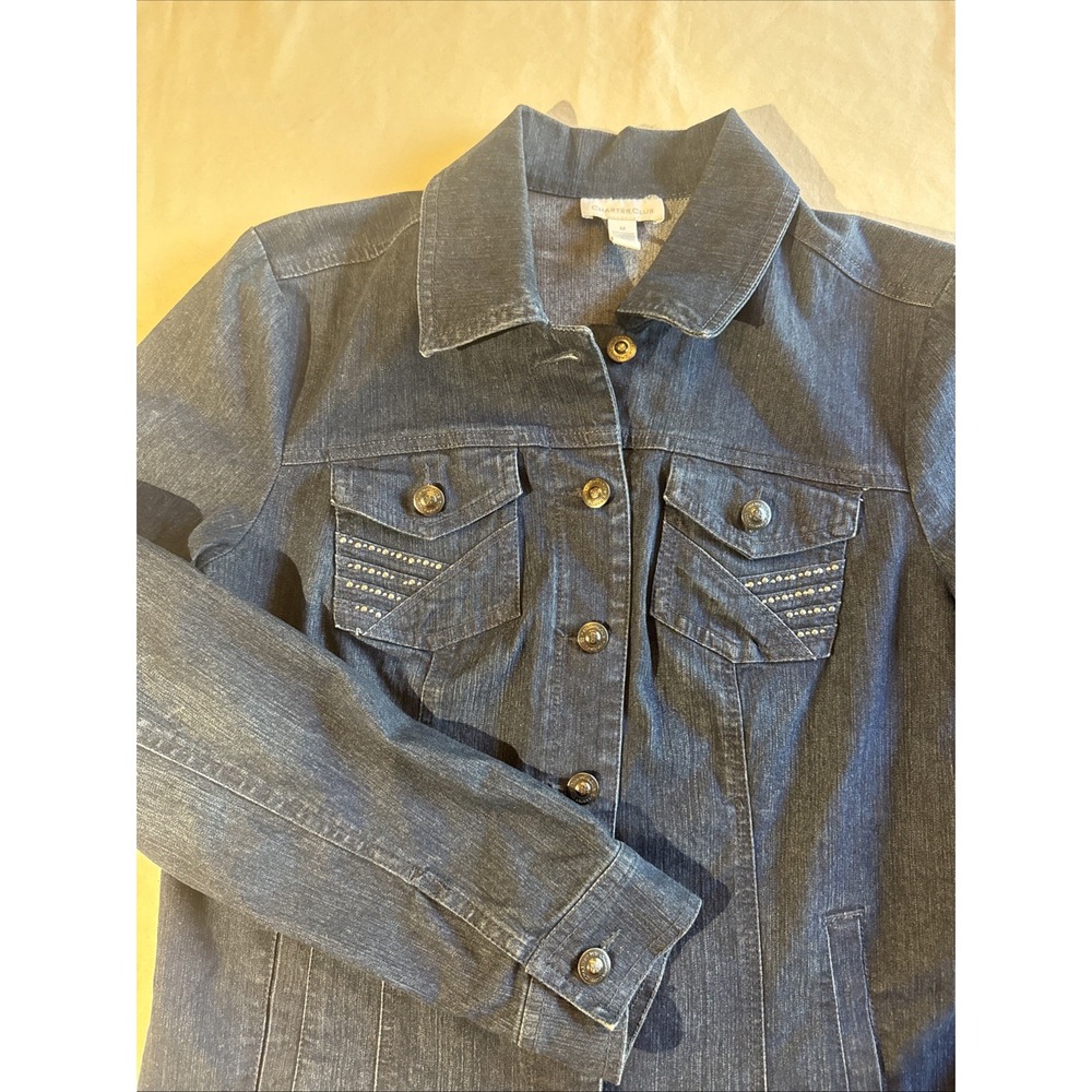 Charter Club Women's Blue Denim Jacket M Button Front Collared Pockets Short
